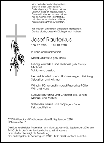 Traueranzeige von Josef Rauterkus von Tageszeitung