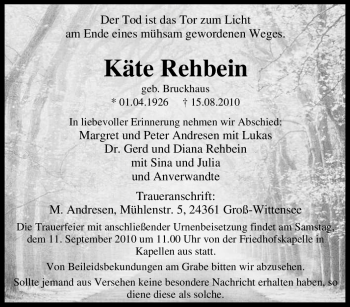 Traueranzeige von Käte Rehbein von Tageszeitung