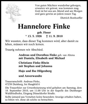 Traueranzeige von Hannelore Finke von Tageszeitung