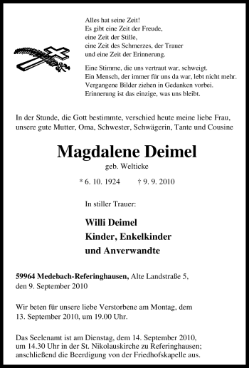 Traueranzeige von Magdalene Deimel von Tageszeitung