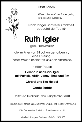 Traueranzeige von Ruth Igler von Tageszeitung