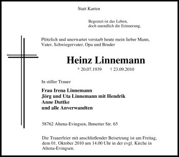 Traueranzeige von Heinz Linnemann von Tageszeitung