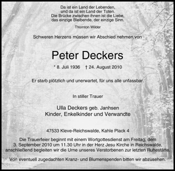 Traueranzeige von Peter Deckers von Tageszeitung