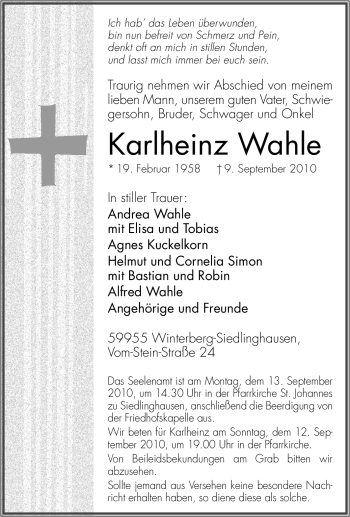 Traueranzeige von Karlheinz Wahle von Tageszeitung