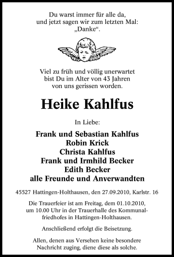 Traueranzeige von Heike Kahlfus von Tageszeitung