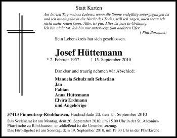 Traueranzeige von Josef Hüttemann von Tageszeitung