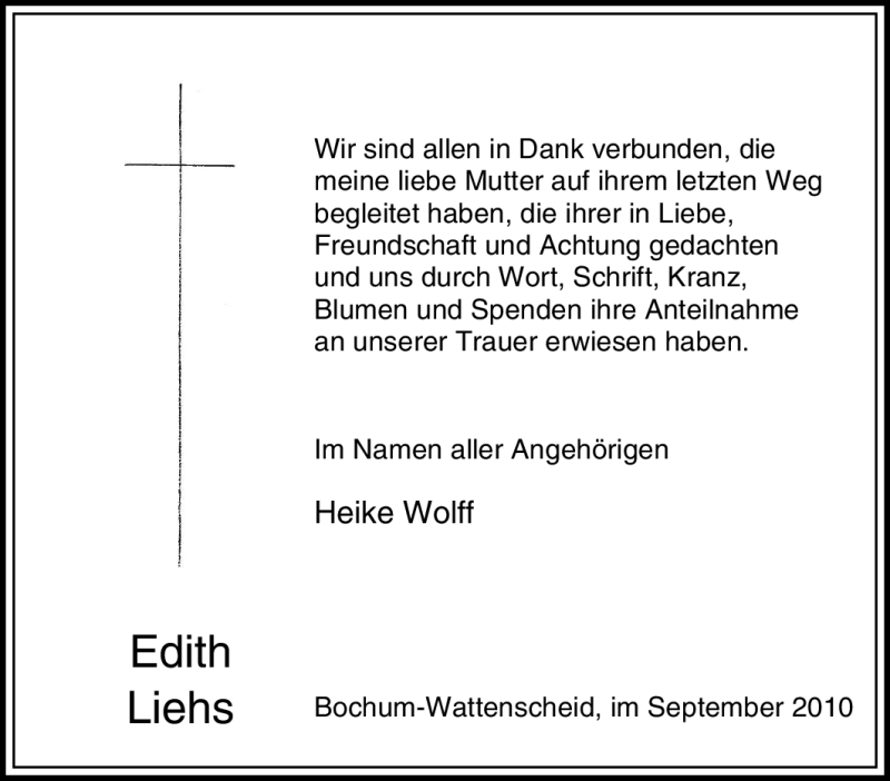  Traueranzeige für Edith Liehs vom 25.09.2010 aus Tageszeitung
