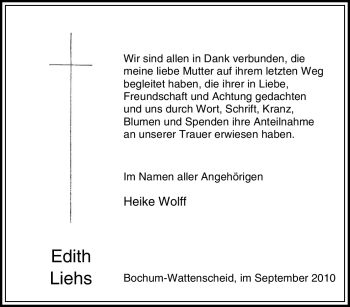 Traueranzeige von Edith Liehs von Tageszeitung
