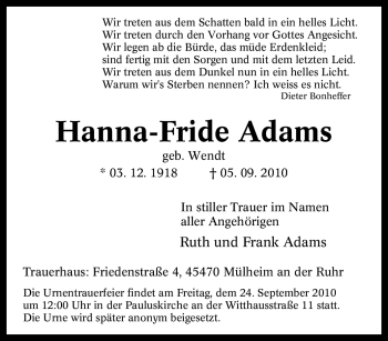Traueranzeige von Hanna-Fride Adams von Tageszeitung