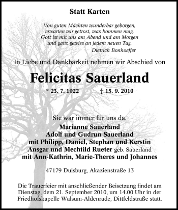 Traueranzeige von Felicitas Sauerland von Tageszeitung