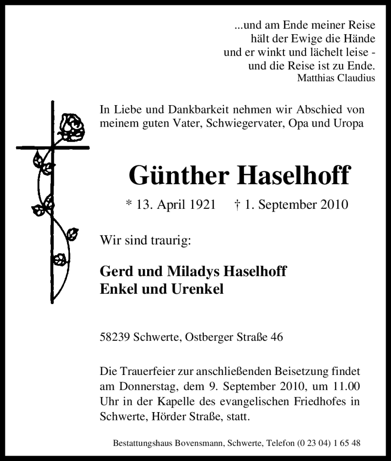  Traueranzeige für Günther Haselhoff vom 04.09.2010 aus Tageszeitung