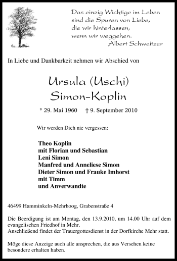 Traueranzeige von Ursula Simon-Koplin von Tageszeitung
