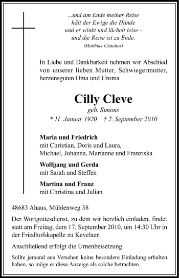 Traueranzeige von Cilly Cleve von Tageszeitung