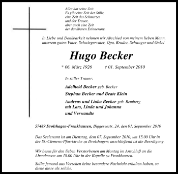 Traueranzeige von Hugo Becker von Tageszeitung