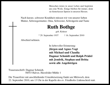 Traueranzeige von Ruth Bothge von Tageszeitung