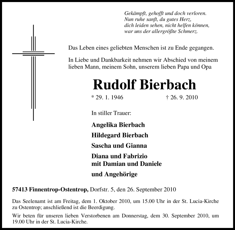  Traueranzeige für Rudolf Bierbach vom 28.09.2010 aus Tageszeitung