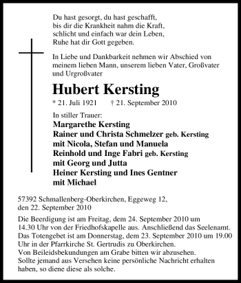 Traueranzeige von Hubert Kersting von Tageszeitung