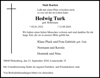 Traueranzeige von Hedwig Turk von Tageszeitung