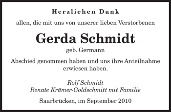 Traueranzeige von Gerda Schmidt von Tageszeitung