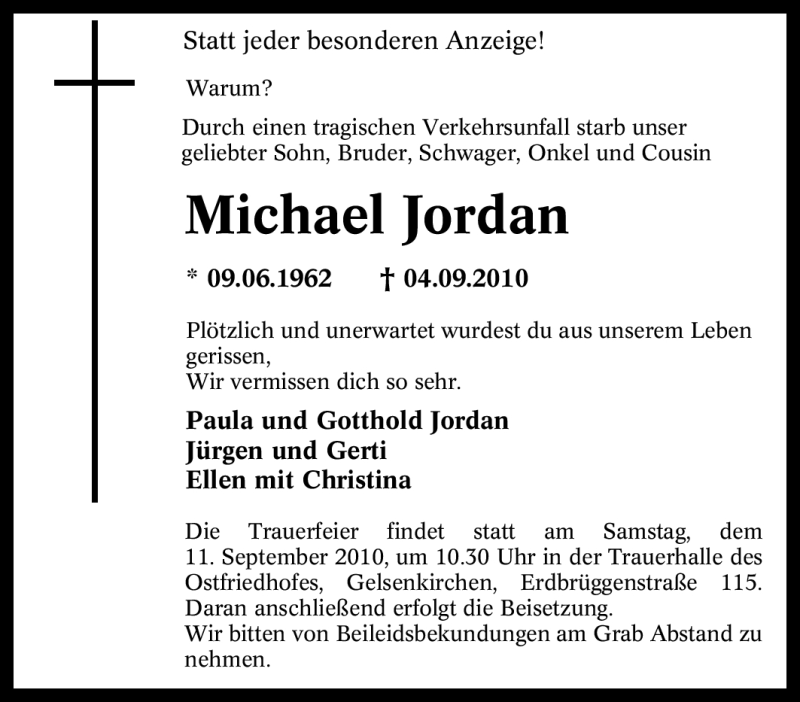  Traueranzeige für Michael Jordan vom 10.09.2010 aus Tageszeitung