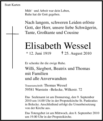 Traueranzeige von Elisabeth Wessel von Tageszeitung