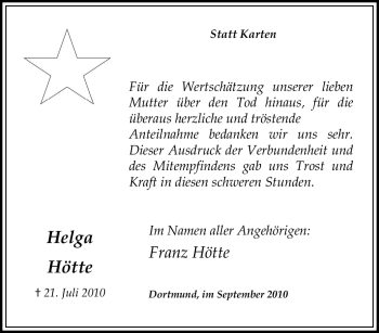 Traueranzeige von Helga Hötte von Tageszeitung
