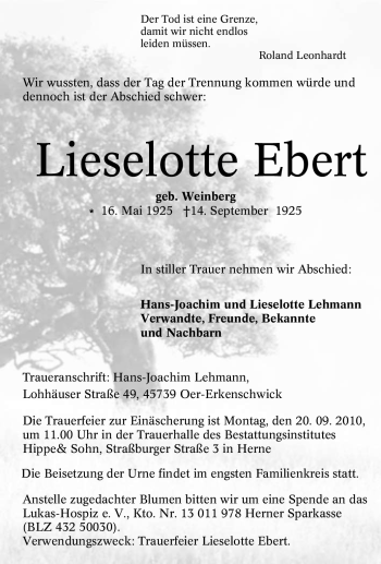 Traueranzeige von Lieselotte Ebert von Tageszeitung