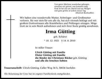 Traueranzeige von Irma Gütting von Tageszeitung