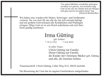 Traueranzeige von Irma Gütting von Tageszeitung