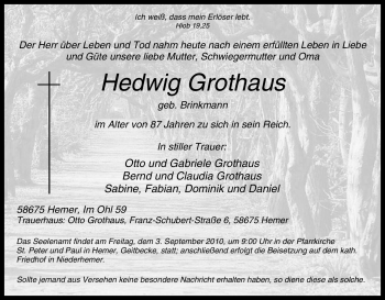 Traueranzeige von Hedwig Grothaus von Tageszeitung
