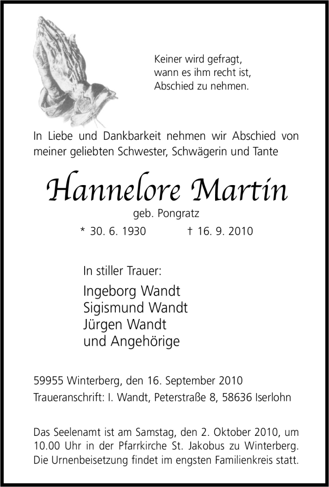  Traueranzeige für Hannelore Martin vom 30.09.2010 aus Tageszeitung