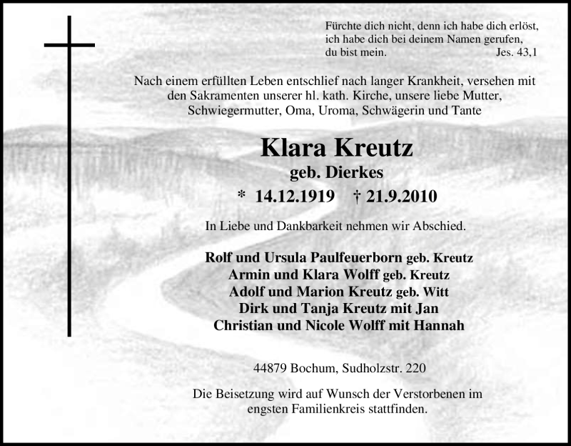  Traueranzeige für Klara Kreutz vom 28.09.2010 aus Tageszeitung