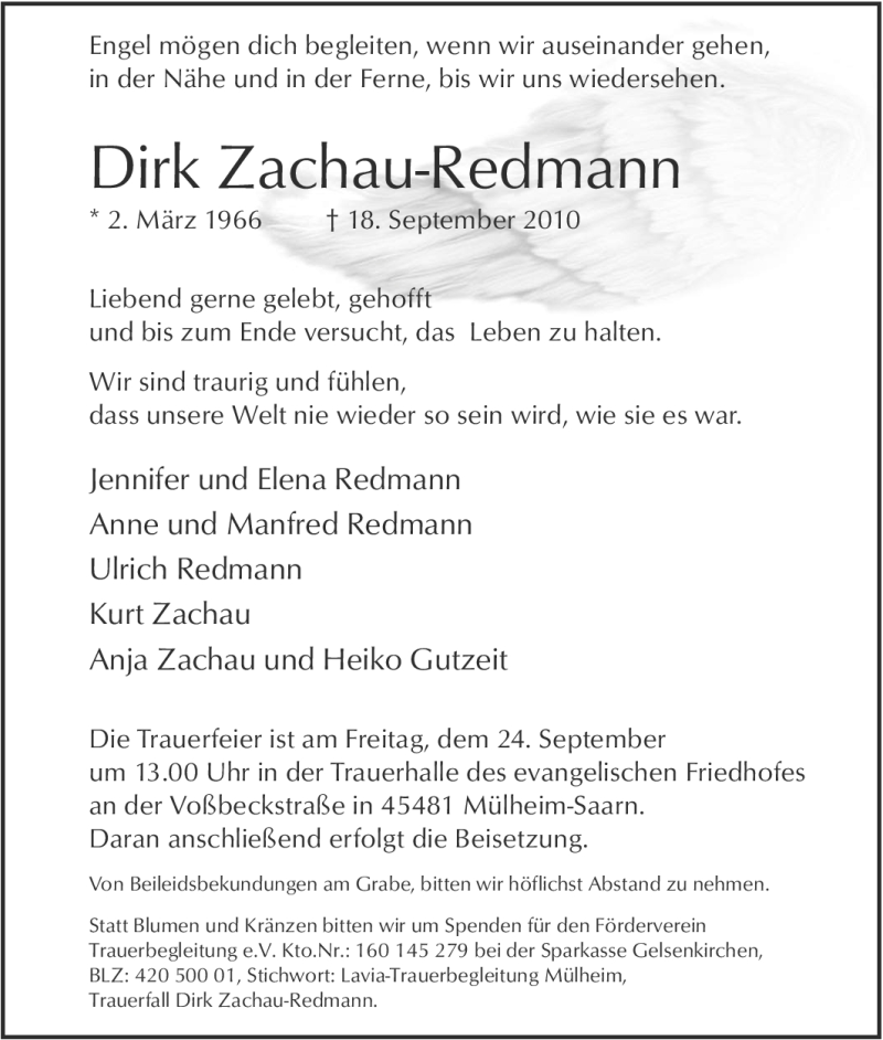  Traueranzeige für Dirk Zachau-Redmann vom 22.09.2010 aus Tageszeitung
