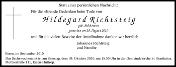Traueranzeige von Hildegard Richtsteig von Tageszeitung