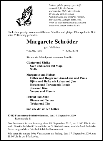 Traueranzeige von Margarete Schröder von Tageszeitung