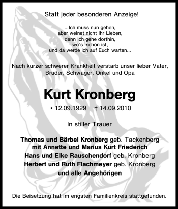 Traueranzeige von Kurt Kronberg von Tageszeitung