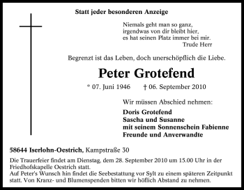 Traueranzeige von Peter Grotefend von Tageszeitung