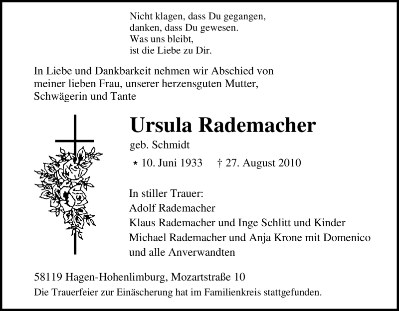  Traueranzeige für Ursula Rademacher vom 03.09.2010 aus Tageszeitung