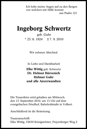 Traueranzeige von Ingeborg Schwertz von Tageszeitung