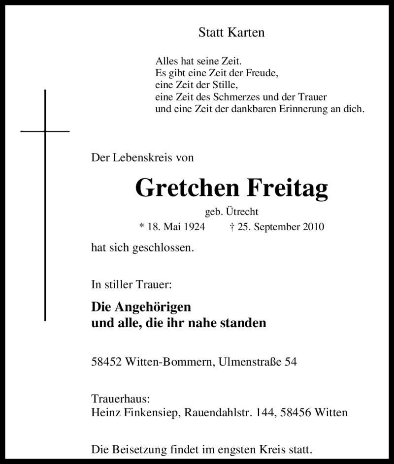  Traueranzeige für Gretchen Freitag vom 29.09.2010 aus Tageszeitung