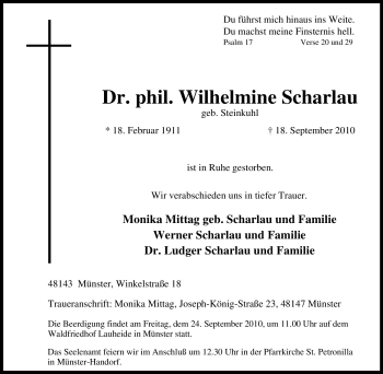 Traueranzeige von Wilhelmine Scharlau von Tageszeitung