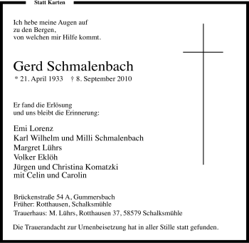 Traueranzeige von Gerd Schmalenbach von Tageszeitung