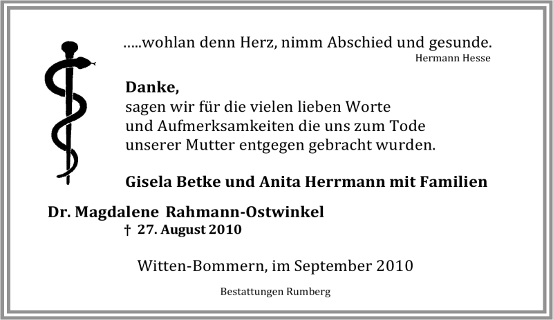  Traueranzeige für Magdalene Rahmann-Ostwinkel vom 17.09.2010 aus Tageszeitung