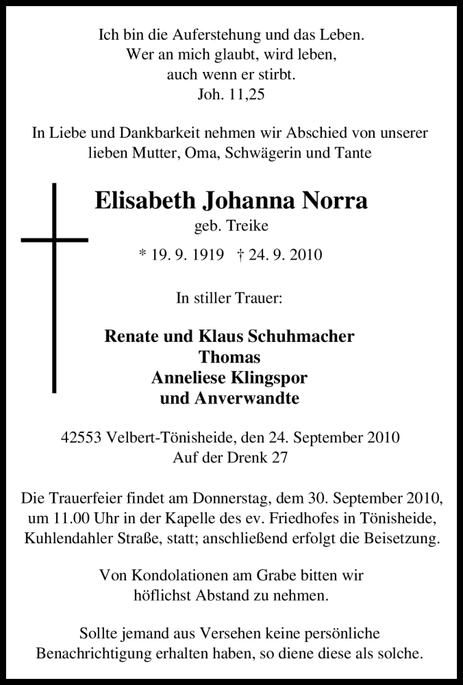  Traueranzeige für Elisabeth Johanna Norra vom 28.09.2010 aus Tageszeitung
