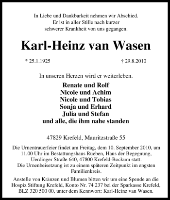Traueranzeige von Karl-Heinz van Wasen von Tageszeitung
