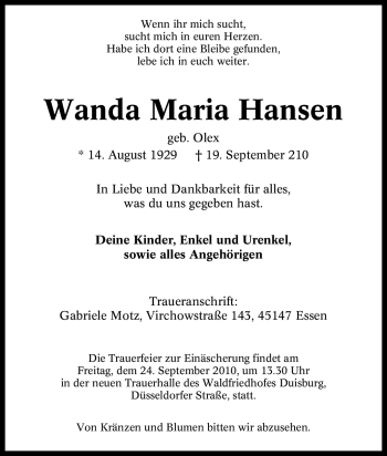 Traueranzeige von Wanda Maria Hansen von Tageszeitung