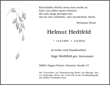 Traueranzeige von Helmut Hedtfeld von Tageszeitung
