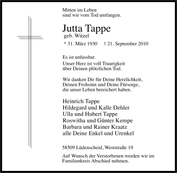 Traueranzeige von Jutta Tappe von Tageszeitung