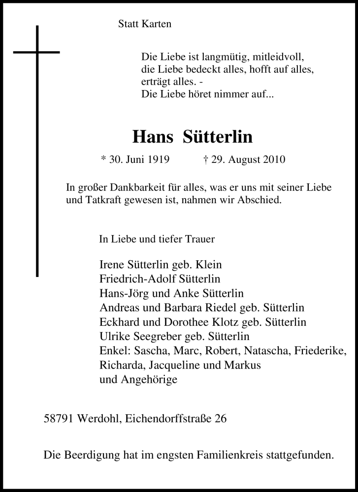  Traueranzeige für Hans Sütterlin vom 03.09.2010 aus Tageszeitung