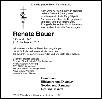 Traueranzeige von Renate Bauer von Tageszeitung